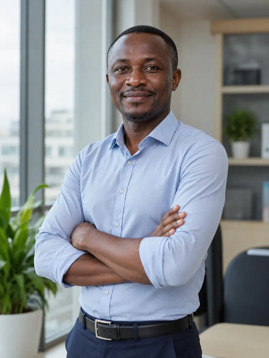 A Ghanaian accountant standing in a modern office