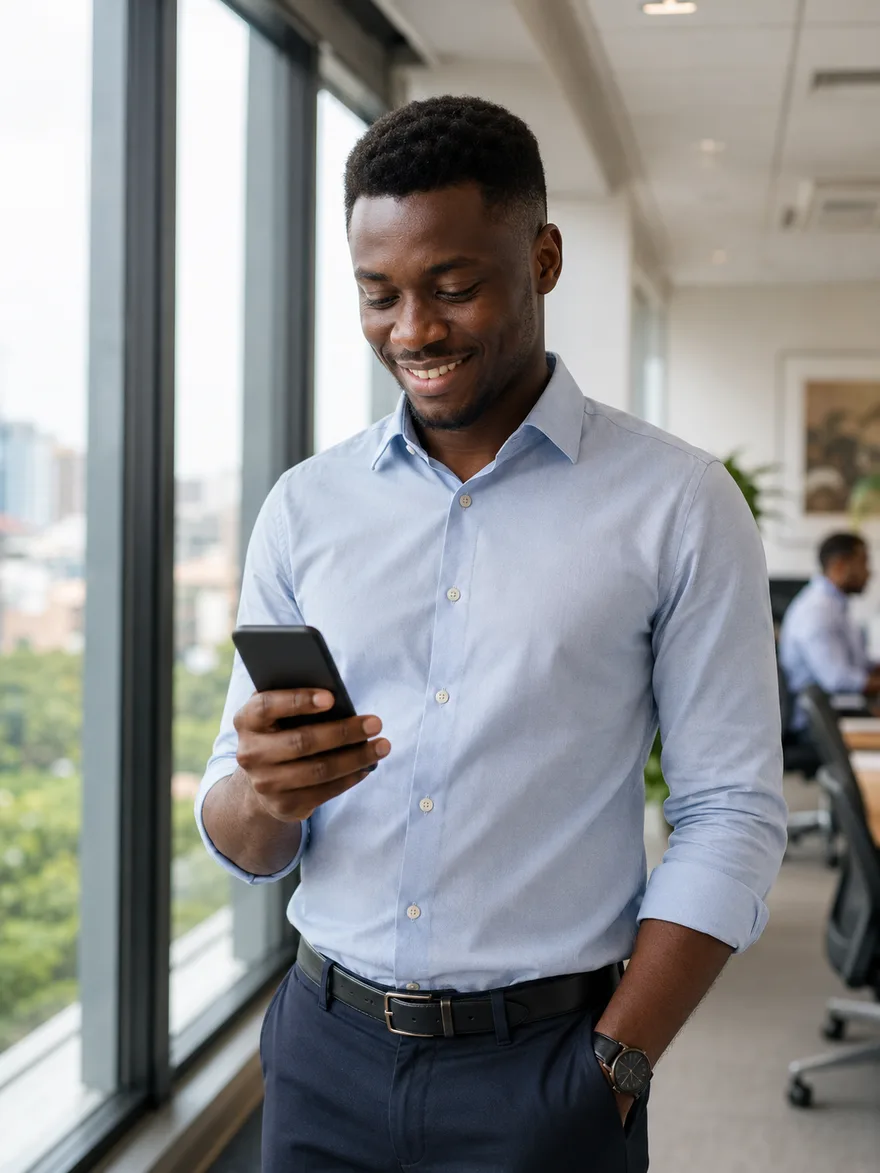 A Ghanaian employee checking their phone in a bright office