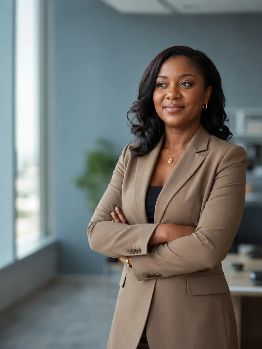 A Ghanaian finance manager standing in a modern office